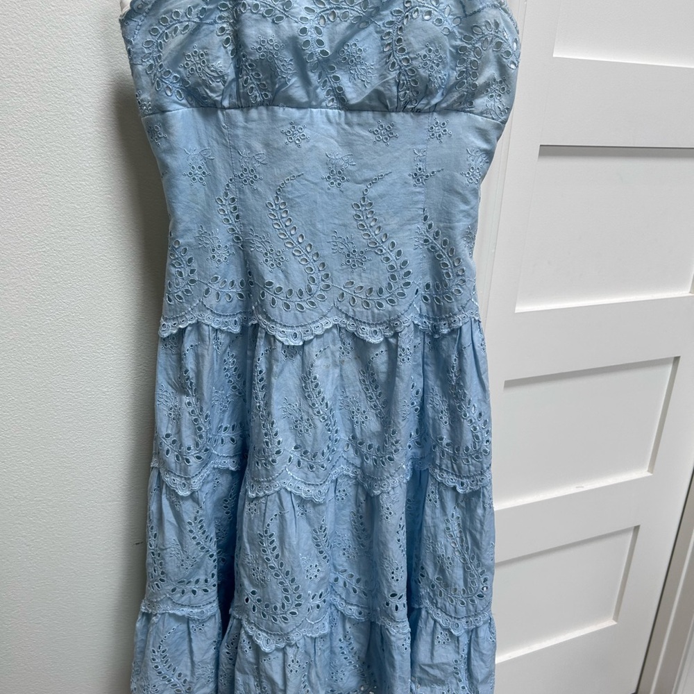 BCBGMaxAzria White and Blue Strapless Dress